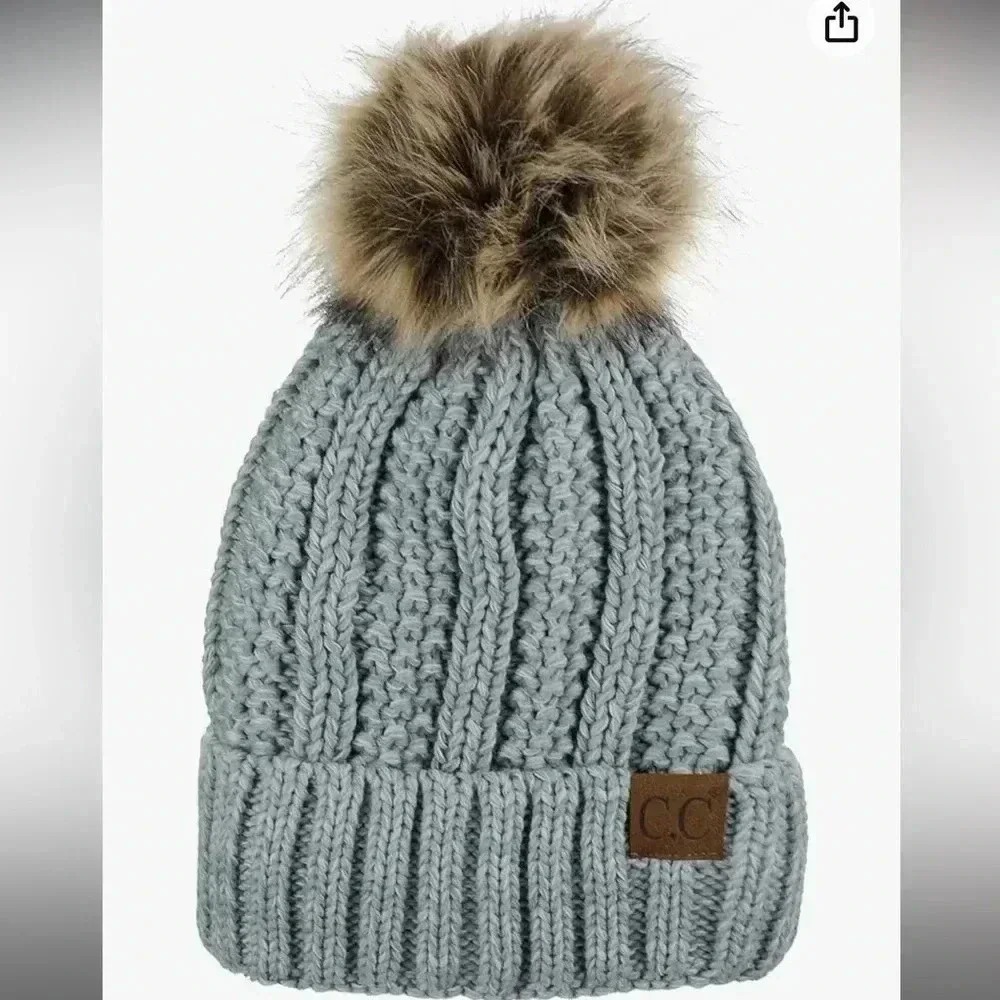 C.C Thick Cable‎ Knit Faux Fur Pom Beanie Gray White Winter Hat